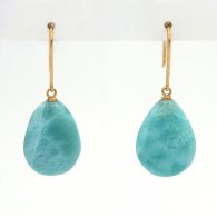 18K solid Gold Earrings and 2 Larimar - 16.5 x 12 x 5.5 mm - 3.44 gr