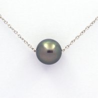 Rhodiated Sterling Silver Necklace and 1 Tahitian Pearl Round C 9.1 mm
