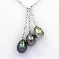 Rhodiated Sterling Silver Necklace and 3 Tahitian Pearls Ringed B from 8.5 to 8.7 mm