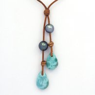 Leather Necklace, 2 Tahitian Pearls and 2 Larimar