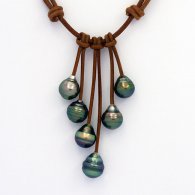 Leather Necklace and 6 Tahitian Pearls Ringed C from 9.9 to 10.4 mm