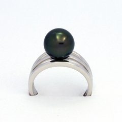 Rhodiated Sterling Silver Ring and 1 Tahitian Pearl Round C 9.8 mm