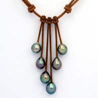 Leather Necklace and 6 Tahitian Pearls Semi-Baroque C from 9.6 to 9.9 mm