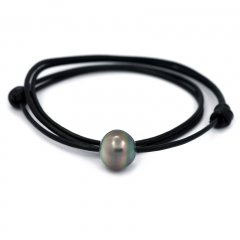 Leather Necklace and 1 Tahitian Pearl Semi-Baroque C 14.5 mm