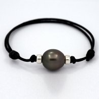 Waxed Cotton Bracelet and 1 Tahitian Pearl Semi-Baroque C 13.6 mm