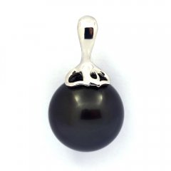 Rhodiated Sterling Silver Pendant and 1 Tahitian Pearl Round C 13.3 mm