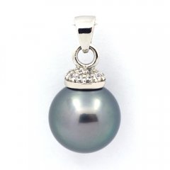 Rhodiated Sterling Silver Pendant and 1 Tahitian Pearl Round C 12.2 mm