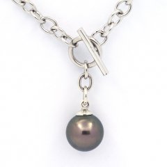 Rhodiated Sterling Silver Bracelet and 1 Tahitian Pearl Round C 11.1 mm
