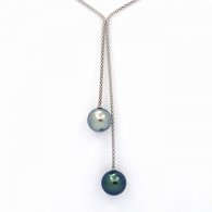 Rhodiated Sterling Silver Necklace and 2 Tahitian Pearls Round C+ 12.1 and 12.5 mm
