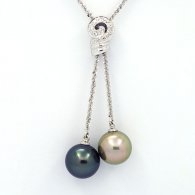 Rhodiated Sterling Silver Necklace and 2 Tahitian Pearls Round C+ 11.7 and 12 mm