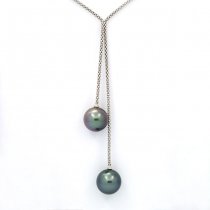 Rhodiated Sterling Silver Necklace and 2 Tahitian Pearls Round C 12.6 and 12.8 mm