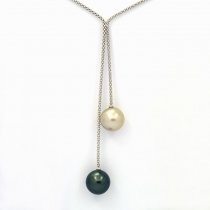 Rhodiated Sterling Silver Necklace and 2 Tahitian Pearls Round C 12.3 and 12.5 mm
