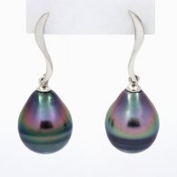 Rhodiated Sterling Silver Earrings and 2 Tahitian Pearls Ringed C 10.5 mm