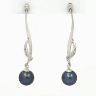 Rhodiated Sterling Silver Earrings and 2 Tahitian Pearls Round 1 B & 1 C 8.1 mm