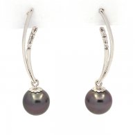 Rhodiated Sterling Silver Earrings and 2 Tahitian Pearls Round 1 B & 1 C 8.9 mm