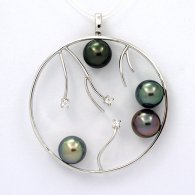 Rhodiated Sterling Silver Pendant and 4 Tahitian Pearls Round C 8.2 to 8.4 mm