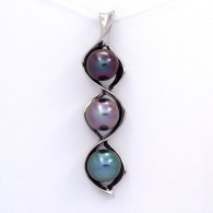 Rhodiated Sterling Silver Pendant and 3 Tahitian Pearls Semi-Baroque B  9 to 9.4 mm