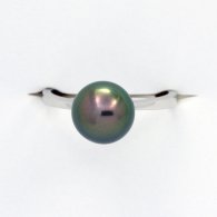 18K Solid White Gold Ring and 1 Tahitian Pearl Round B+ 9.2 mm