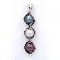 Rhodiated Sterling Silver Pendant and 3 Tahitian Pearls Semi-Baroque B+  8.9 to 9 mm