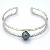 Rhodiated Sterling Silver Bracelet and 1 Tahitian Pearl Round C 9.9 mm