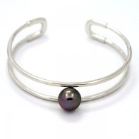 Rhodiated Sterling Silver Bracelet and 1 Tahitian Pearl Round C 10 mm