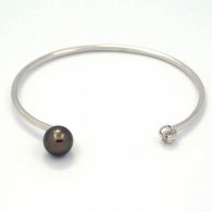 Rhodiated Sterling Silver Bracelet and 1 Tahitian Pearl Round A 8.8 mm