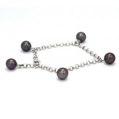 Rhodiated Sterling Silver Bracelet and 5 Tahitian Pearls Round C  7.8 to 8.4 mm