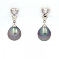 Rhodiated Sterling Silver Earrings and 2 Tahitian Pearls Semi-Baroque B 8.6 and 8.8 mm