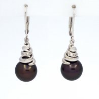 Rhodiated Sterling Silver Earrings and 2 Tahitian Pearls Near-Round C 9.6 mm