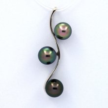 Rhodiated Sterling Silver Pendant and 3 Tahitian Pearls Semi-Baroque A/B 8 to 8.4 mm