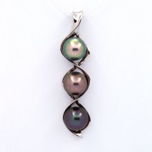 Rhodiated Sterling Silver Pendant and 3 Tahitian Pearls Semi-Baroque C  9.6 to 9.8 mm