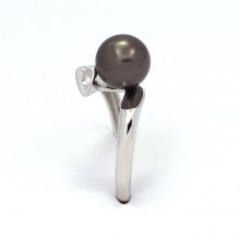 Rhodiated Sterling Silver Ring and 1 Tahitian Pearl Round A 7.6 mm
