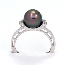 Rhodiated Sterling Silver Ring and 1 Tahitian Pearl Round B 8.5 mm