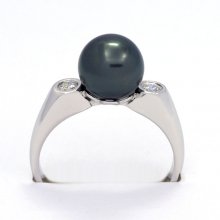 Rhodiated Sterling Silver Ring and 1 Tahitian Pearl Round C 9.1 mm