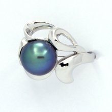 Rhodiated Sterling Silver Ring and 1 Tahitian Pearl Round C+ 9.3 mm