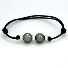 Waxed Cotton Bracelet and 2 Tahitian Pearls Round C 10.3 and 10.4 mm