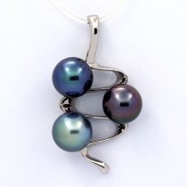 Rhodiated Sterling Silver Pendant and 3 Tahitian Pearls Near-Round C+ 8.9 to 9 mm