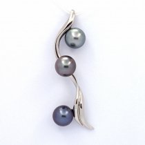 Rhodiated Sterling Silver Pendant and 3 Tahitian Pearls Round C 9 mm