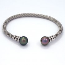 Rhodiated Sterling Silver Bracelet and 2 Tahitian Pearls Near-Round B 9 mm