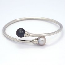 Rhodiated Sterling Silver Bracelet and 2 Tahitian Pearls Near-Round C 9.5 and 9.7 mm