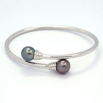 Rhodiated Sterling Silver Bracelet and 2 Tahitian Pearls Near-Round C 9.5 and 9.7 mm