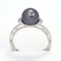 Rhodiated Sterling Silver Ring and 1 Tahitian Pearl Round C 8.6 mm
