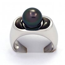 Rhodiated Sterling Silver Ring  and 1 Tahitian Pearl Round B  9.1 mm