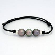 Waxed Cotton Bracelet and 3 Tahitian Pearls Semi-Baroque C 9.5 mm
