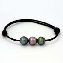 Leather Bracelet and 3 Tahitian Pearls Semi-Baroque B+  8.7 to 8.9 mm