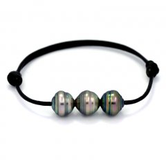 Leather Bracelet and 3 Tahitian Pearls Ringed C  9.7 to 9.8 mm