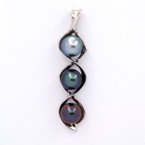 Rhodiated Sterling Silver Pendant and 3 Tahitian Pearls Semi-Baroque B+ 8.9 to 9 mm