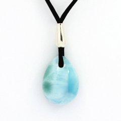 Waxed cotton Necklace + Rhodiated Sterling Silver and 1 Larimar - 16 x 12 x 6.5 mm - 2.2 gr