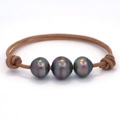 Leather Bracelet and 3 Tahitian Pearls Ringed C  12 to 13.2 mm