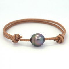 Leather Bracelet and 1 Tahitian Pearl Ringed B 11.6 mm